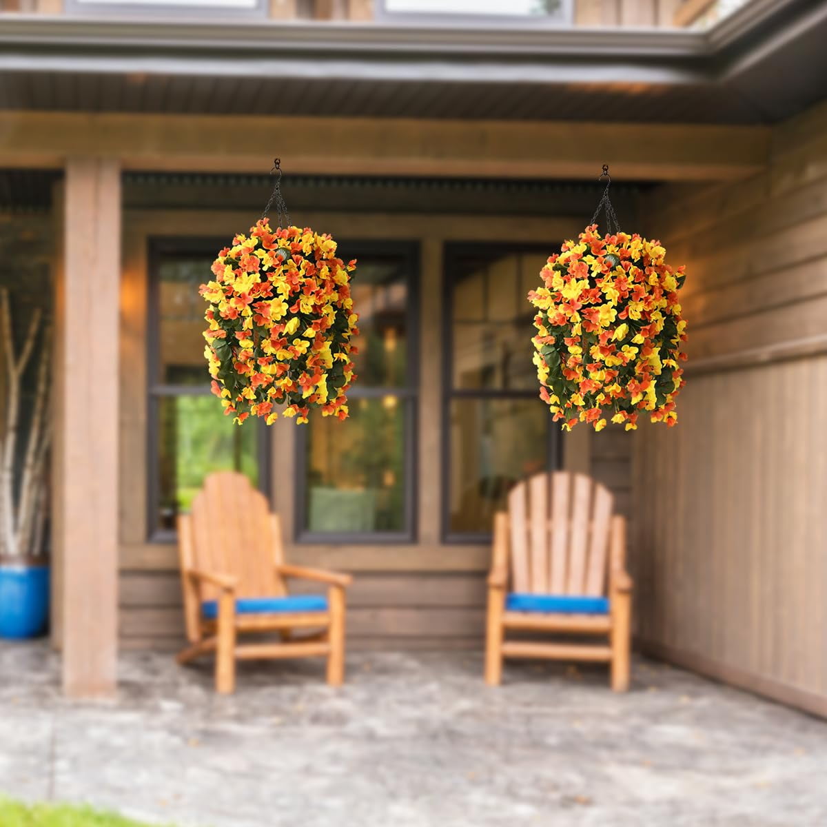 Artificial Hanging Flowers Basket for Outdoors Spring Decoration,Faux Silk Begonia in Planter UV Resistant