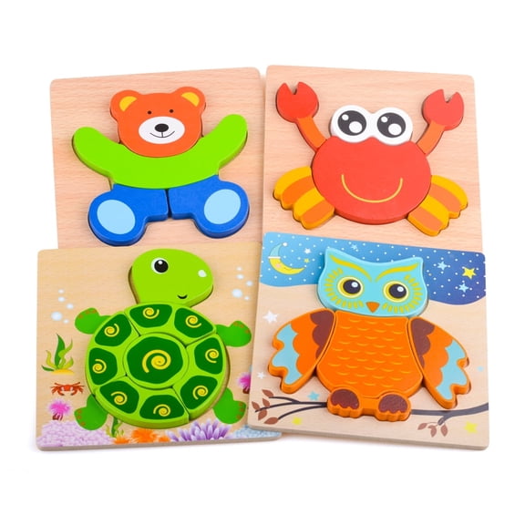 DISEN Wooden Puzzles for 1-3 Year Old Toddlers Jigsaw Puzzles with 4 Shape for Baby Boys Age 1 2 3, Animal Shape Montessor Toy Early Learning Preschool Educational Gifts for 1-3 Year Old Kids