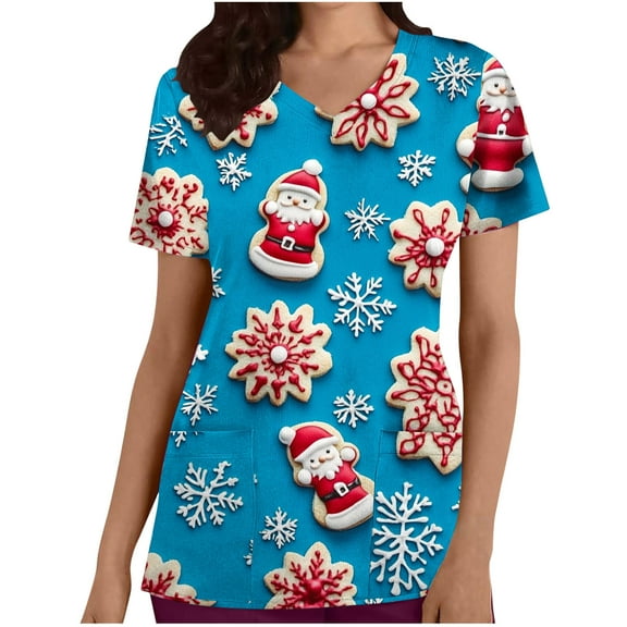 Xfvqtps Christmas Scrub Tops for Women Soft V-Neck Scrubs Comfortable Lightweight Nursing Uniforms Casual Printed Short Sleeve Nurse Top Working Uniforms with Pockets Blue