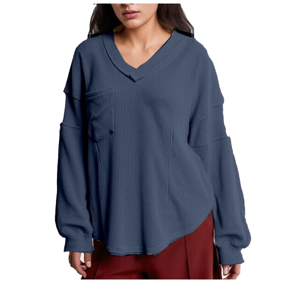 Felirenzacia Women's Walf Knit Sweatshirts, Casual Loose V Neck Pullover Shirt Top with Chest Pocket Sleeve