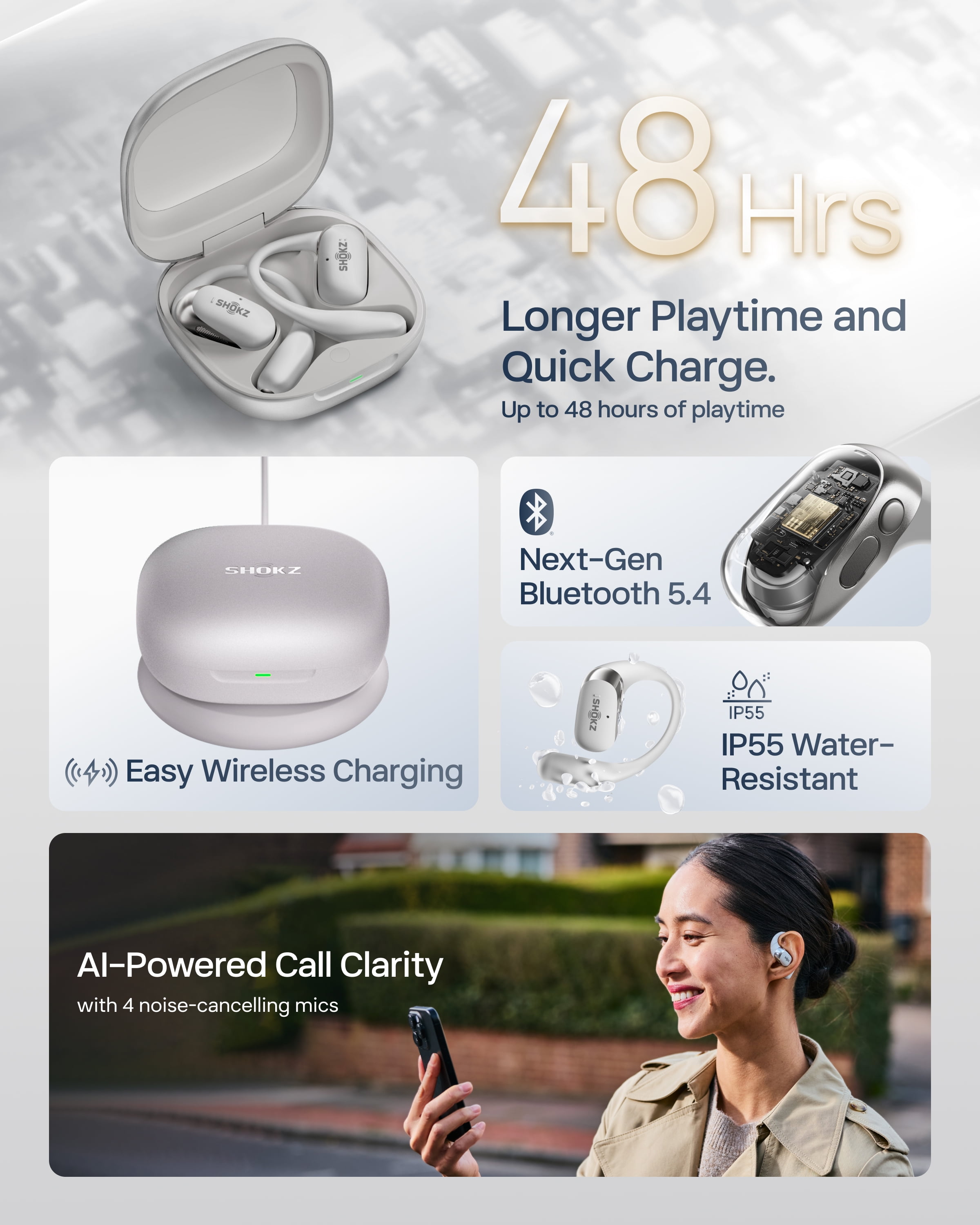 SHOKZ New OpenFit 2+ Open-Ear Headphones, Dolby Audio Enabled, Comfortable Earbuds with Soft Ear Hooks, 48H Playtime, IP55 Water-Resistant, USB-C Fast Charging, Wireless Charging, Gray