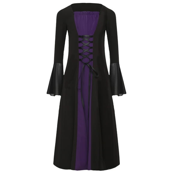 TiaoBug Girls Medieval Renaissance Dress Long Sleeve Lace-Up Halloween Gothic Victorian Corset Dress Purple 16