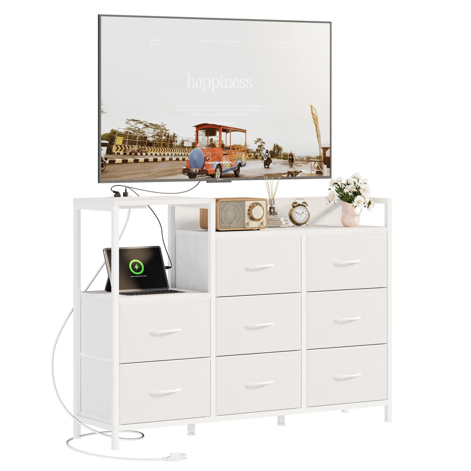 Modern 8 Drawer Dresser with Charging Station, Wide Storage Chest with Open Display Shelves, Tall Fabric Dresser for Living Room, Media Console for Wall-Mounted TV, White