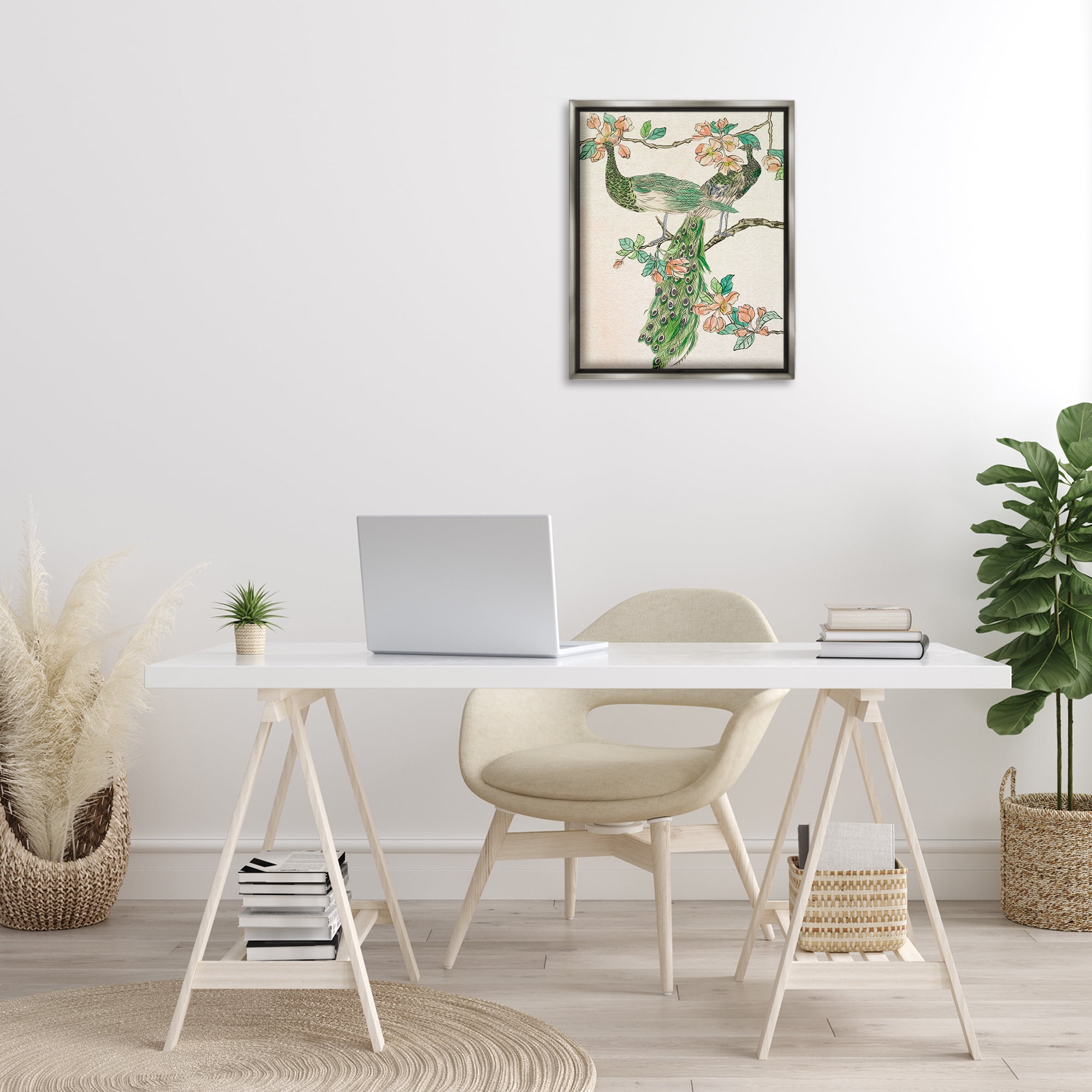 Stupell Industries Peacock & Cherry Blossoms Animals & Insects Painting Gray Floater Framed Canvas Art Print Wall Art, 17 x 21