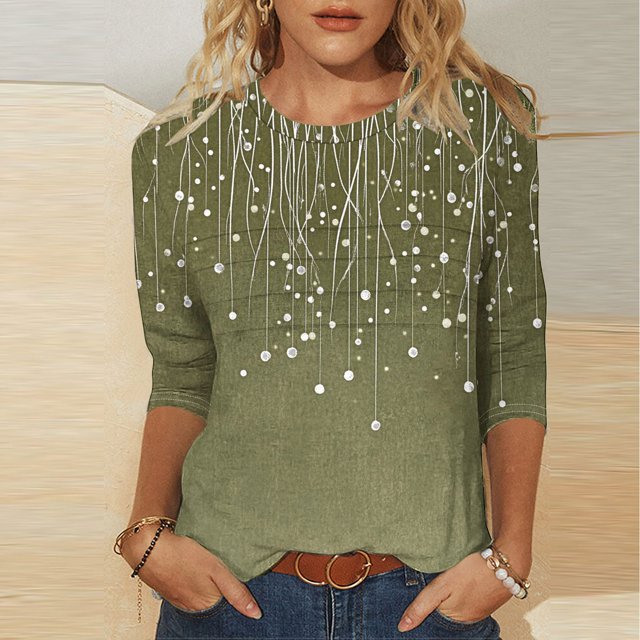 Karight 3/4 Length Sleeve Womens Tops Boho Floral Spring T Shirt Solid Color Summer Tops Trendy Pleated Front Shirts Beach Top
