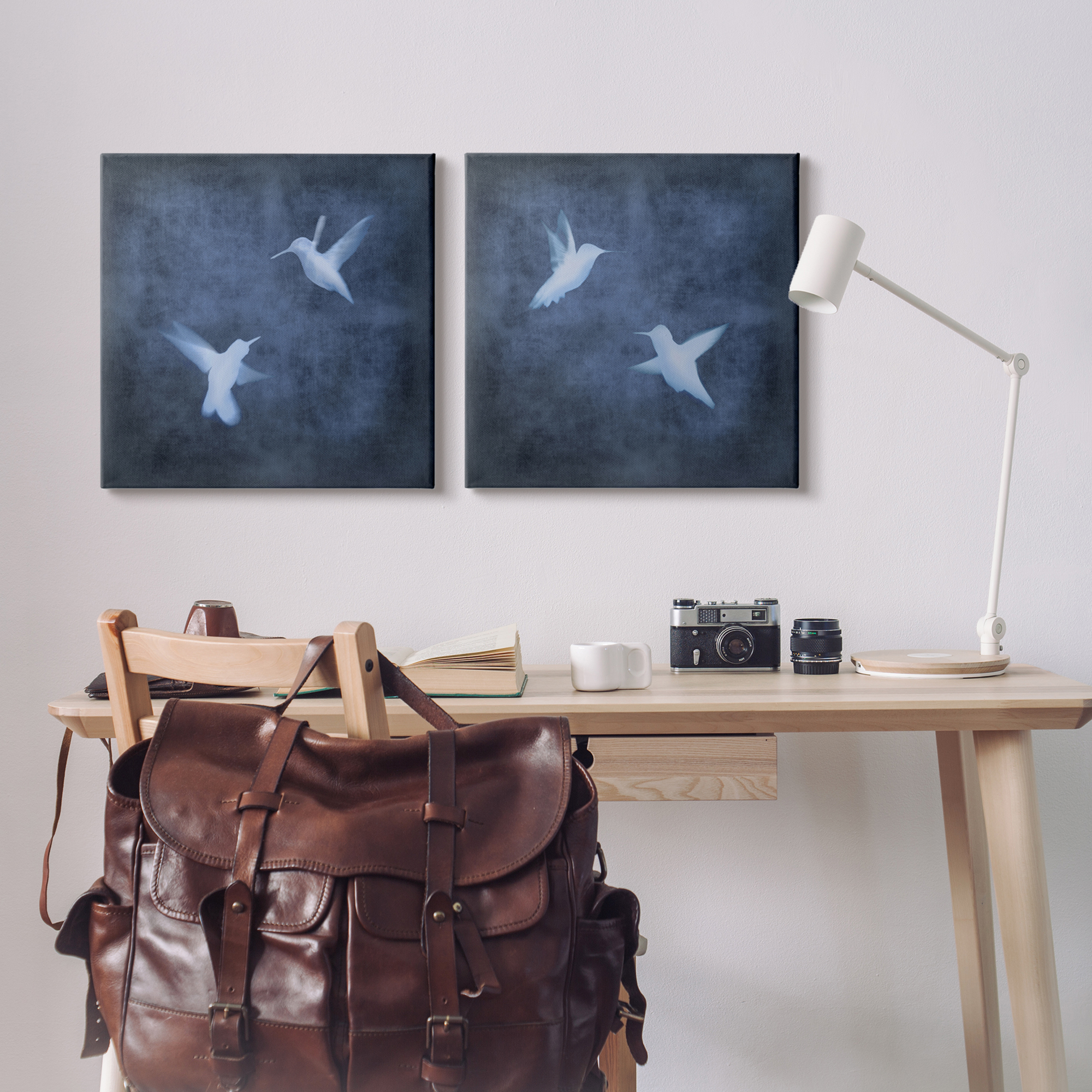 Stupell Modern Blue Birds Flying Silhouettes Animals & Insects Painting Gallery Wrapped Canvas Print Wall Art, Set of 2