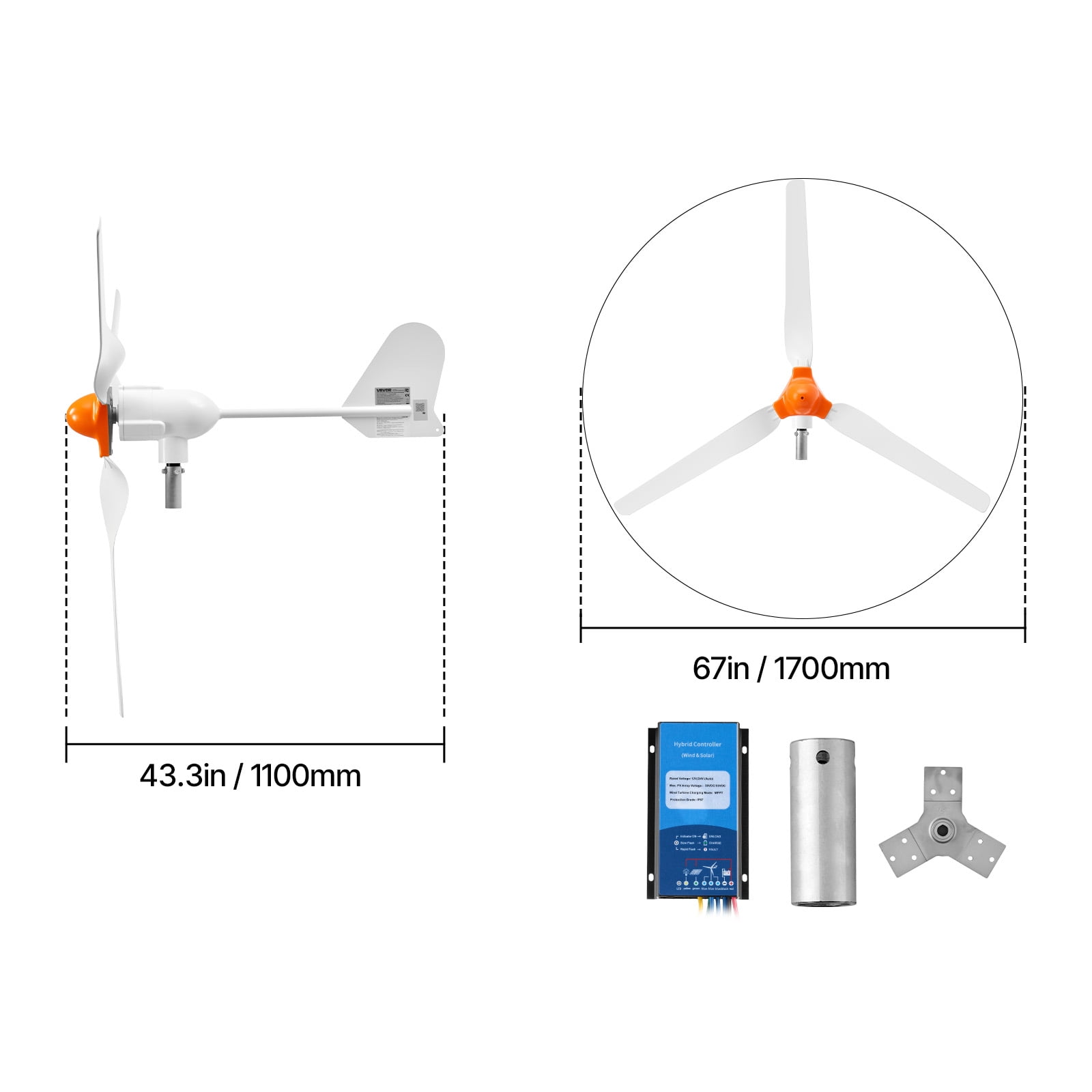 VEVOR 1200W 24V Wind Turbine Generator, 3-Blade Wind Turbine Kit with Wind/Solar Hybrid Controller, Efficient 3-Phase AC Permanent Wind Power Generator for RV Boat Home Farm (Tower Pole Not Included)