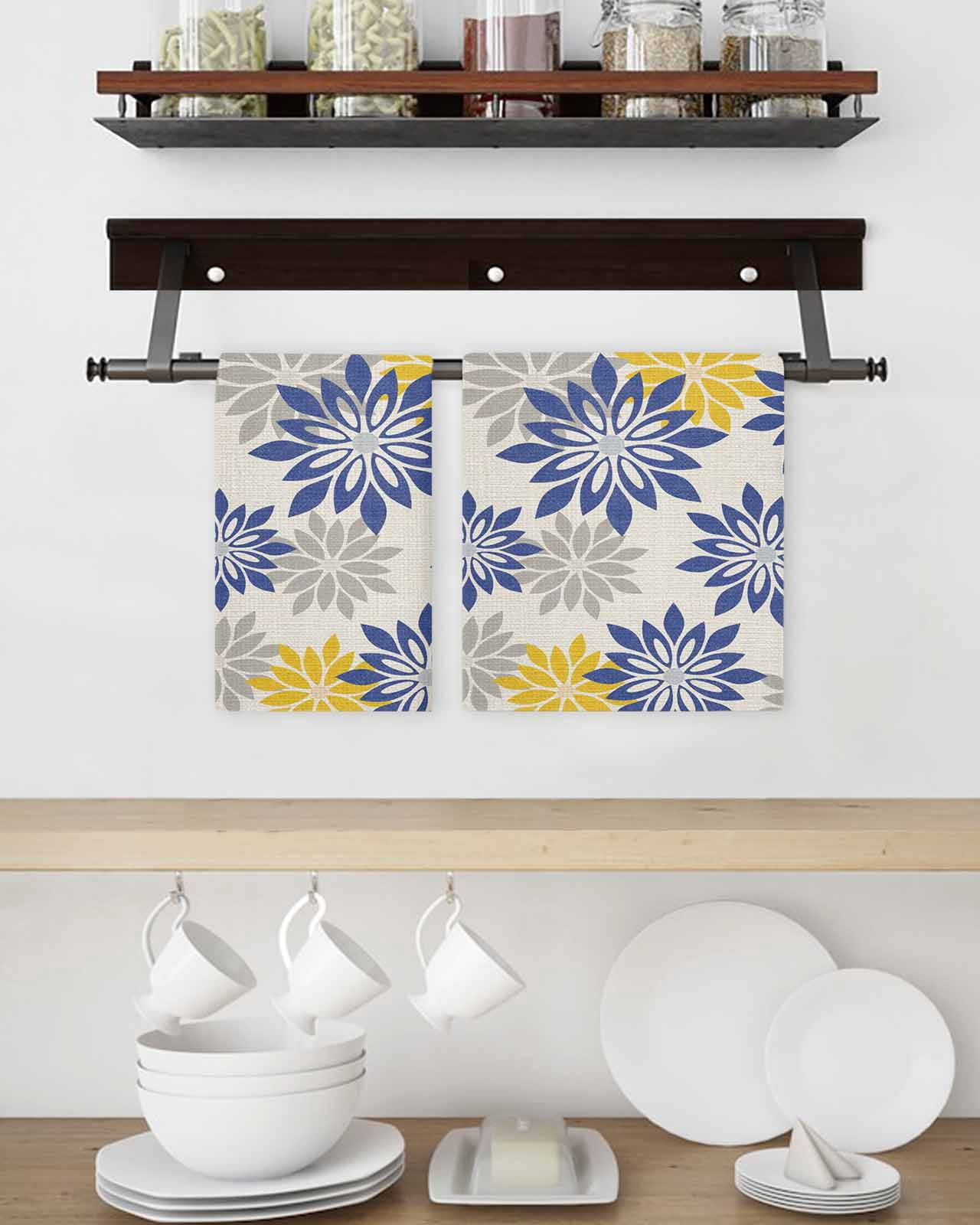 Geometric Flower Kitchen Dish Towels for Drying Dishes Set of 3, Vintage Country Floral Blue Yellow on Linen Waffle Weave Microfiber Hand Tea Bathroom Towels Quick Dry & Absorbent Towel 15.7x23.6