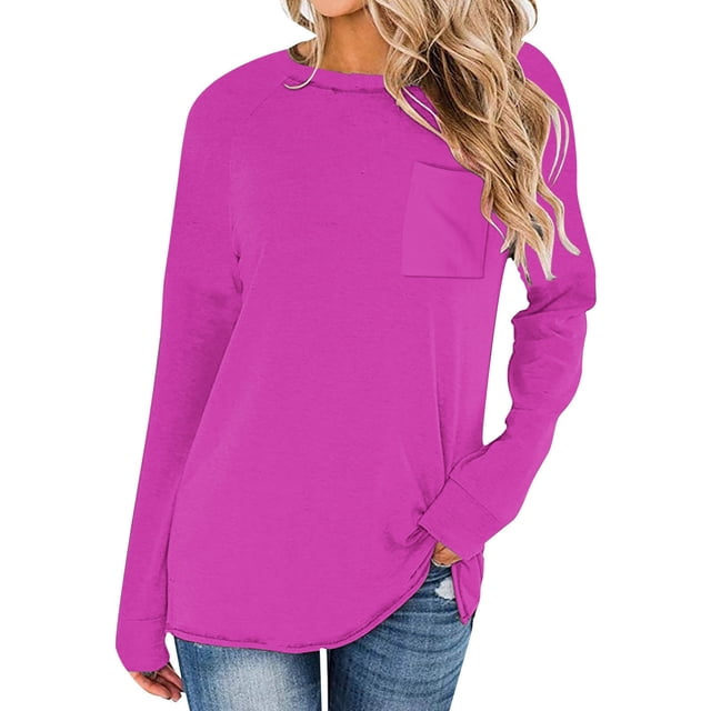 Vente Liquidation de Hauts pour Femmes! Hauts à Manches Longues pour Femmes 2025 Mode d'Automne Décontractée Chandail à Col Rond Chemise Ample Confortable Couleur Unie Hauts avec Poches Rose Vif TTG