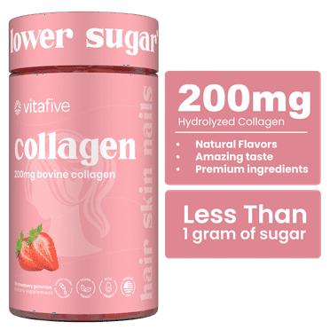Vitafive 200mg - Collagen Vitamin Gummies, Low Sugar, Skin & Hair Support, Berry Flavored, 50 Count