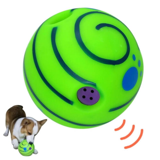 Lovely Dog Toy Dog Game Ball Toy With Funny Sound Wag Squeaker Ball, a 14cm green PVC ball with blue swirl patterns and purple accents. Designed to emit sounds and giggles when rolled or shaken, it engages dogs' natural instincts to play. Ideal as a dog comfort and security toy, made from durable, pet-safe, phthalate-free vinyl.