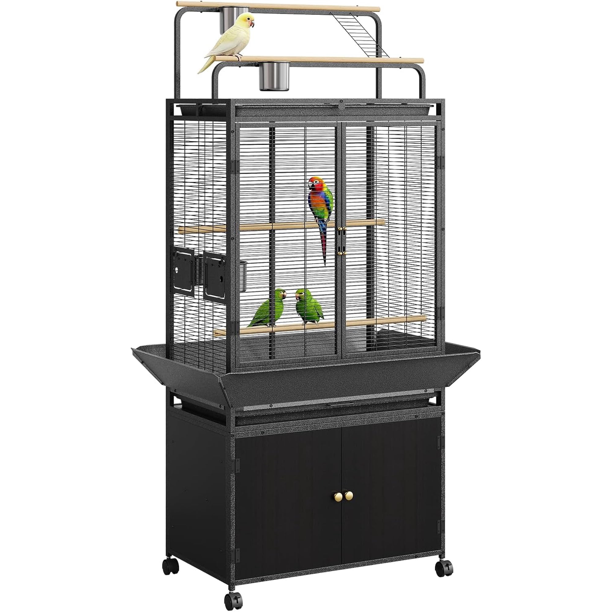 Rugerasy Large Rolling Metal Bird Cage with Play Top,Heavy Duty,Escape-Proof,Easy-Clean Tray,Storage Cabinet,Stand & Wheels,Black