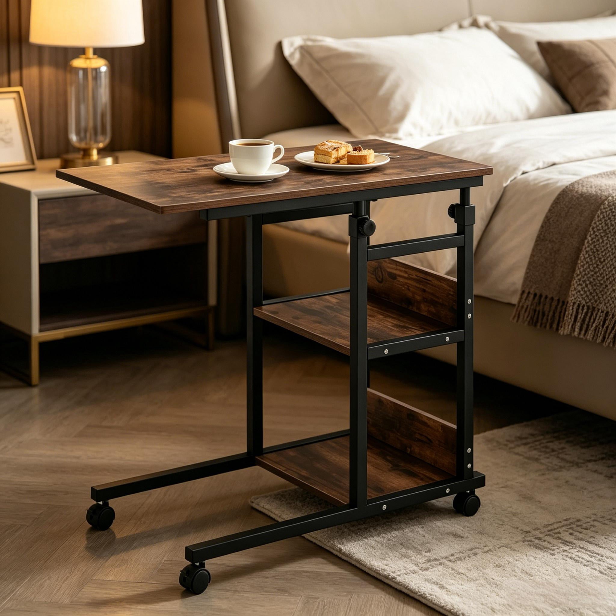 C-Shaped Height Adjustable Rolling Side Table, 3-Tier Mobile Utility Cart with Lockable Wheels, Multi-Purpose Sofa Snack Bar & Garden Table