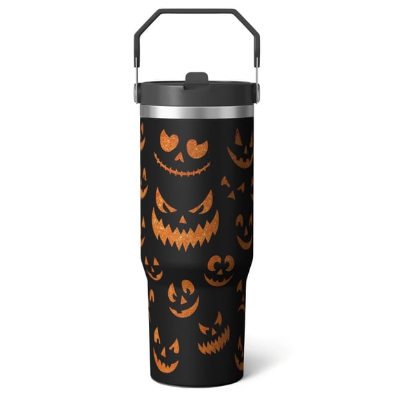 1pc Halloween Pumpkin Face 30oz Tumbler with Straw & Handle - Insulated Stainless Steel Cup | Holiday Gift for Man Women (Christmas, Valentine's, Birthday)