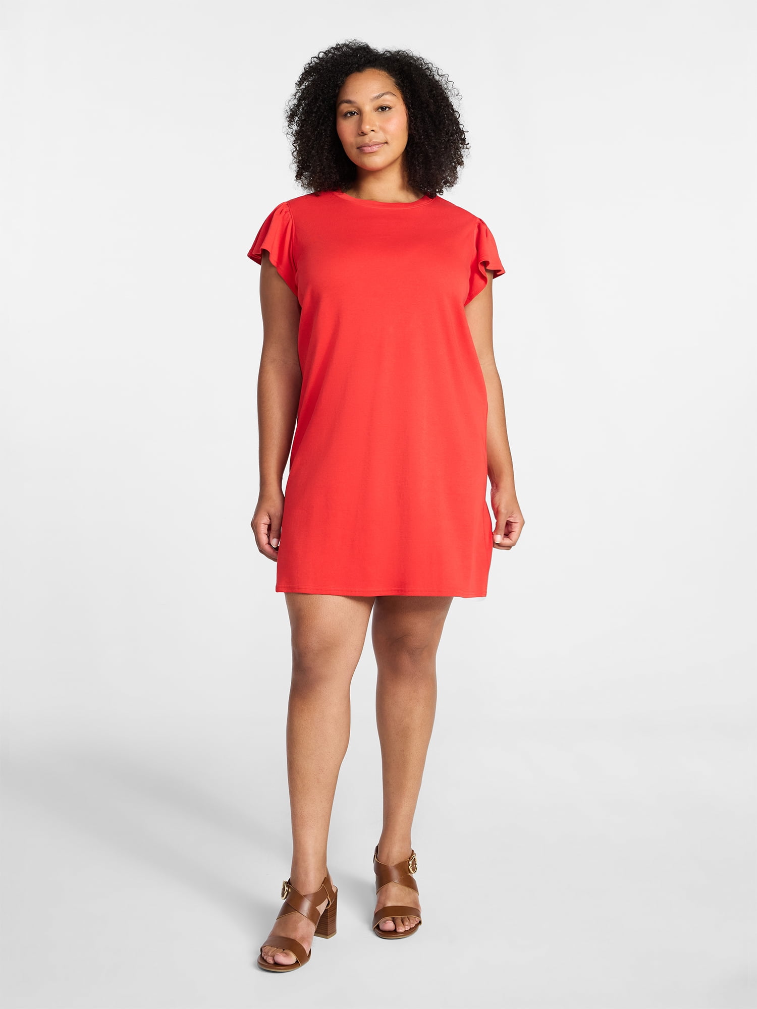 Time and Tru Women's Cotton T-Shirt Mini Dress with Short Flutter Sleeves, Sizes XS-XXXL