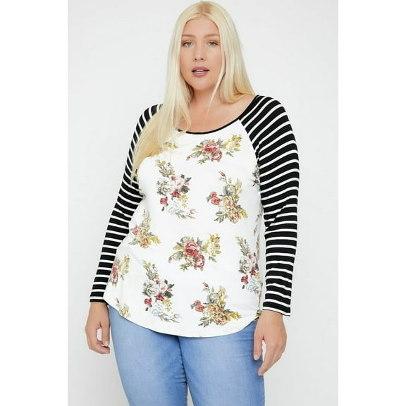 Floral Top Featuring Raglan Style Striped Sleeves And A Round Neck - 2XL
