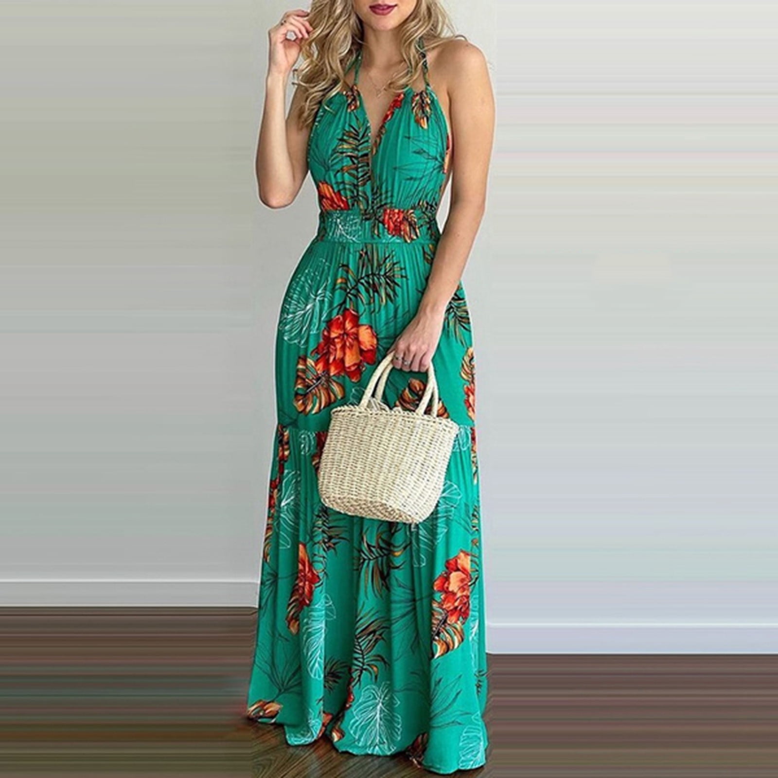 UDAXB Summer Dresses for Women 2023 Sleeveless Tropical Long A-Line Halter Vacation Dress Green S - Walmart.com