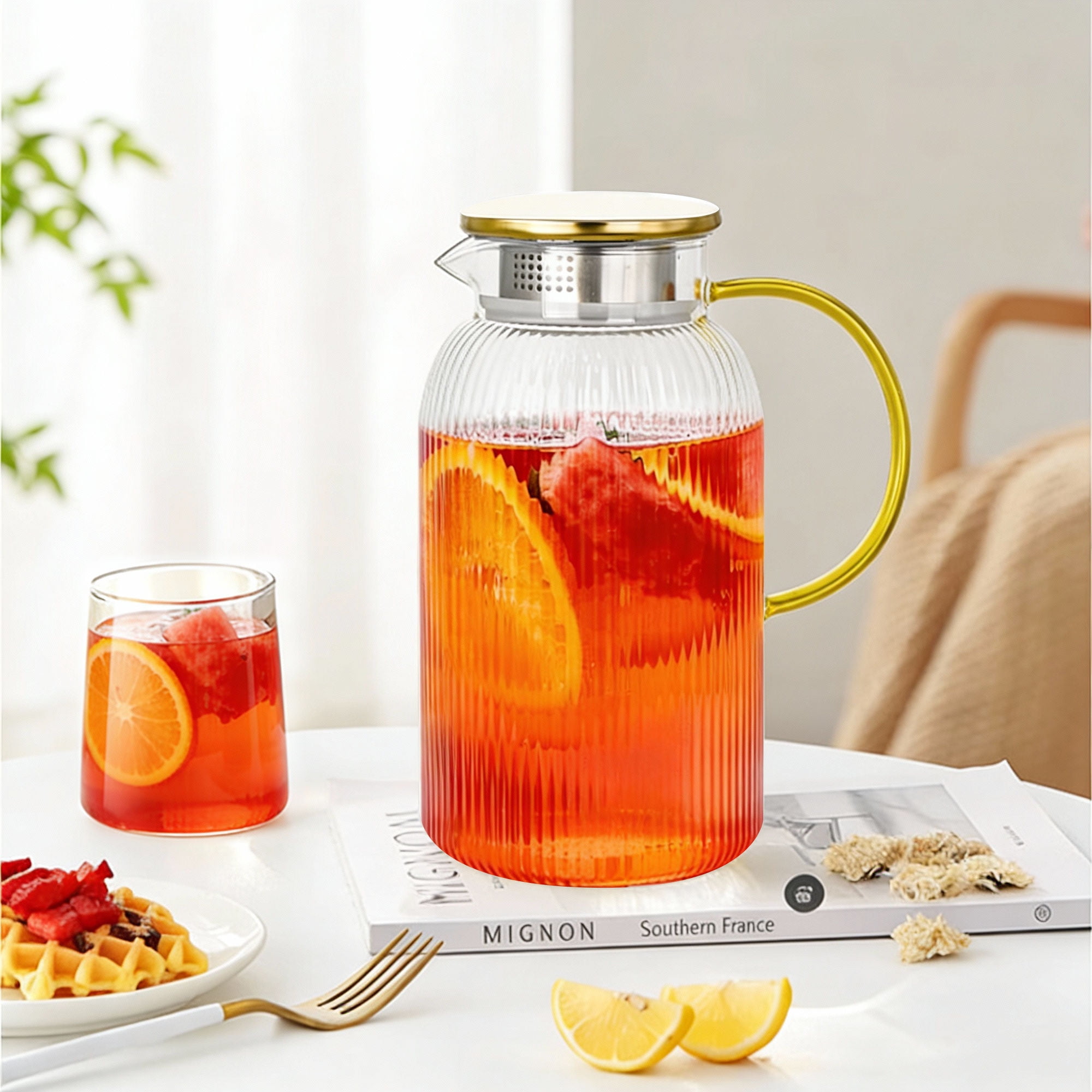 Soulgenix Glass Pitcher, 68oz Pitchers with Lid and Handle-2Pack, Glass Carafe for Hot/Cold Water, Large Iced Tea Pitcher for Coffee, Juice and Homemade Beverage