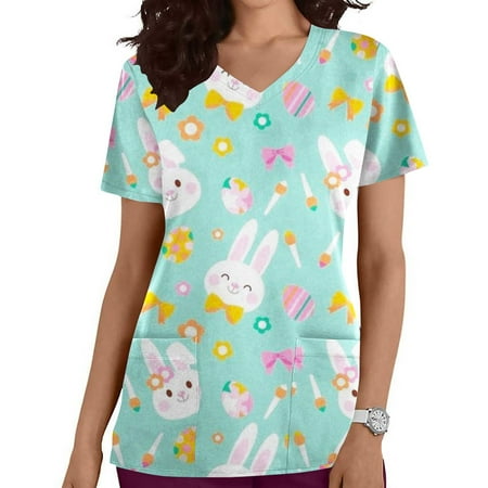 

Ozmmyan Womens Tops Easter Day Scrubs for Women Fashion Short Sleeve V-Neck Tops Working Uniform Easter Printing With Pocket Blouse Tops