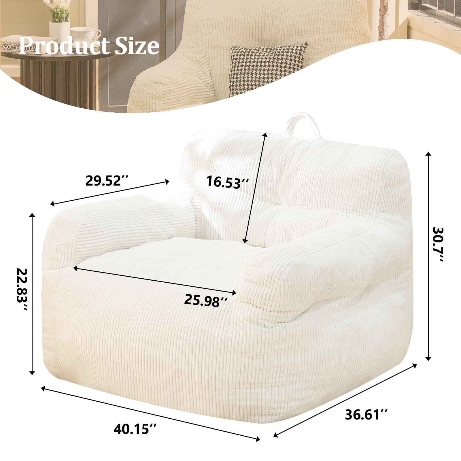 MIERES Large Bean Bag Chair for Adults & Kids, Giant Bean Bag Couch, Comfy Reading Chair with Armrests, Soft Cozy Chair for Bedroom, Lounge Sofa for Gaming, Napping & Relaxing, White