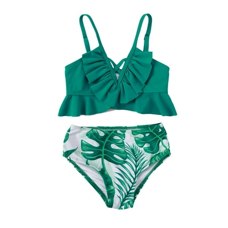 Toimothcn Girl s Bathing Suit Sleeveless Casual Floral Printed 2 Piece Bikini Set Quickly Dry Cover Up Swimwear 8-10 Years
