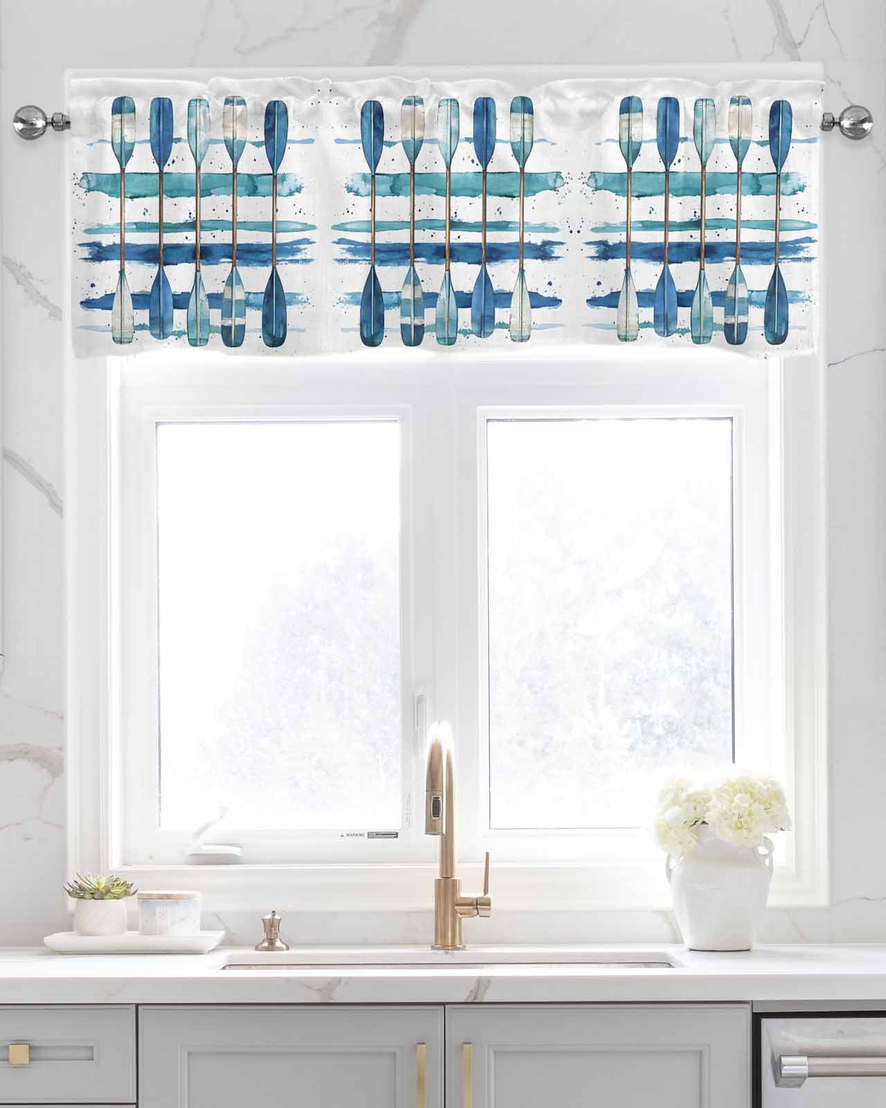 Lake Paddles Kitchen Valances for Windows Farmhouse Linen Window Valance Curtain for Living Room Window Treatment Summer Watercolor Teal Blue Striped Valance Rod Pocket Topper Drape, 54 x 18 Inch