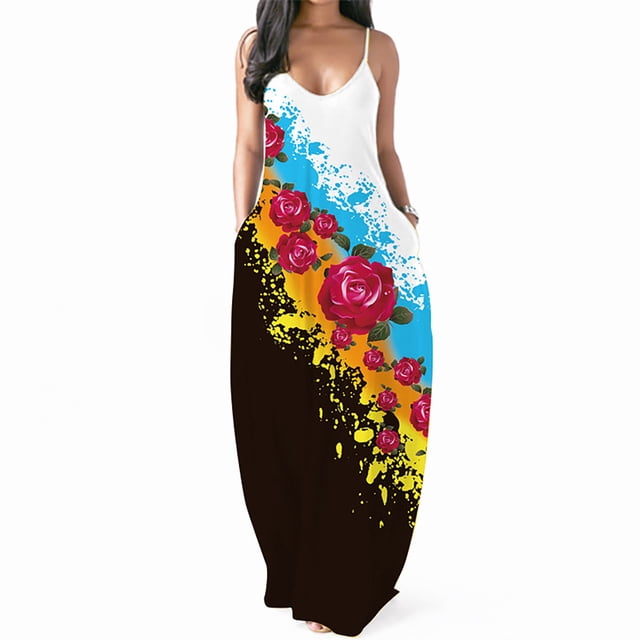 Lenago Robe Sans Manches Grande Taille pour Femmes Décontractée Imprimé Col Rond Poches Robe Longue Maxi Été Plage en Solde