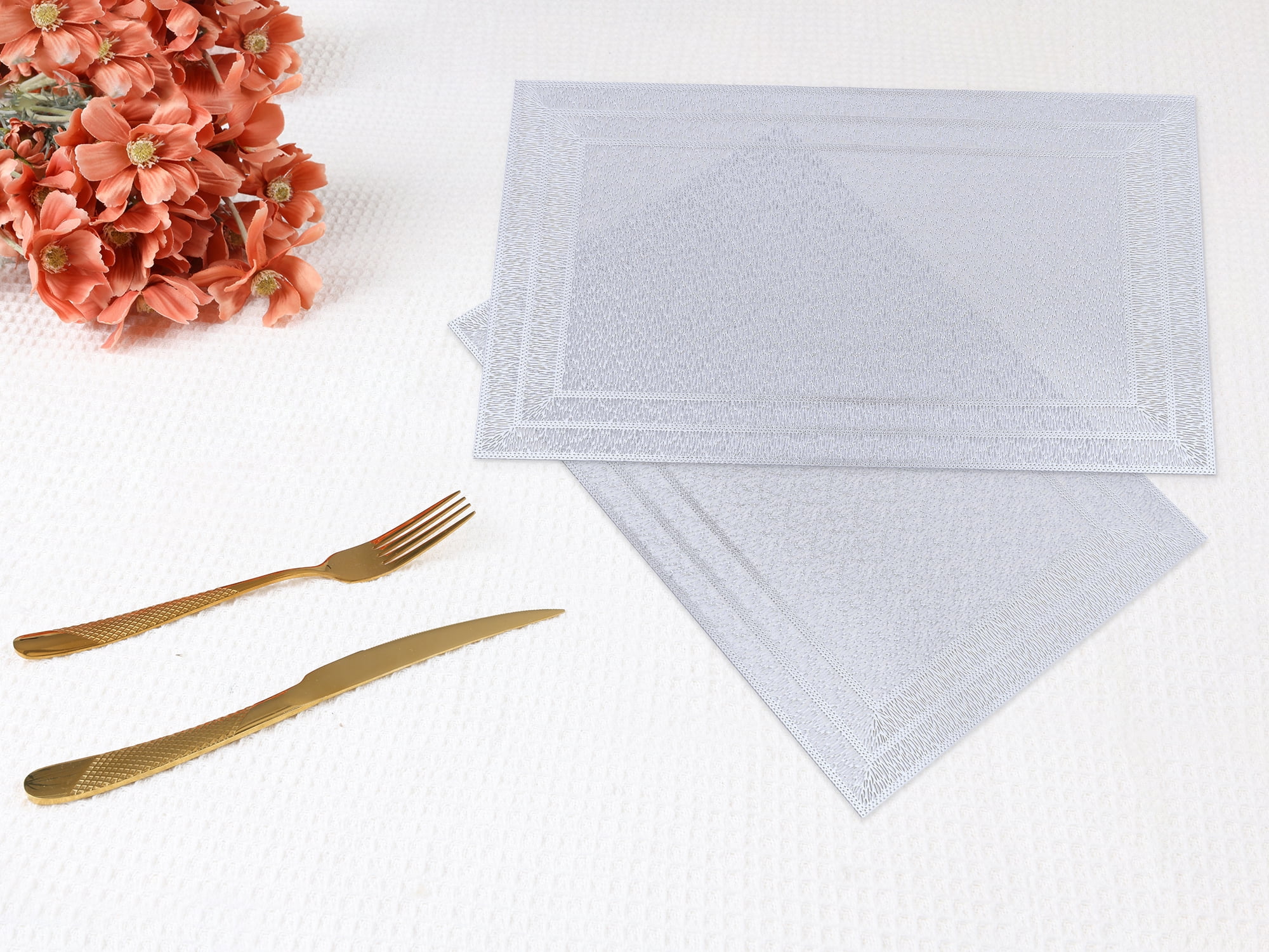 Unique Bargains Washable Placemats Set of 6 Trimmed Placemats for Dining Table Silver
