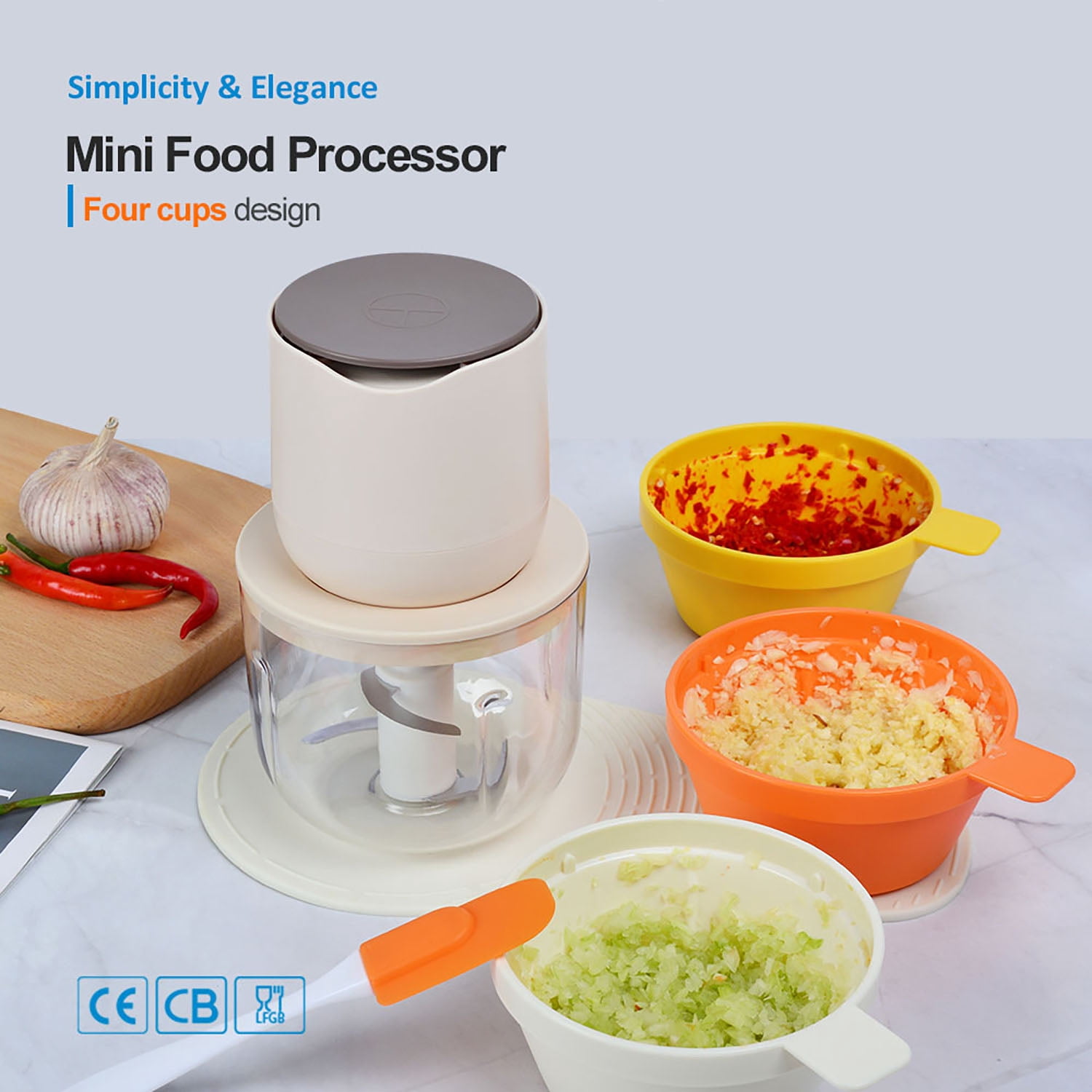 4-in-1 Small Food Processor with Bowl, OGEDNAC Electric Food Chopper, 4 Bowls, Meat Grinder, Small Blender for Baby Food & Vegetables, Beige