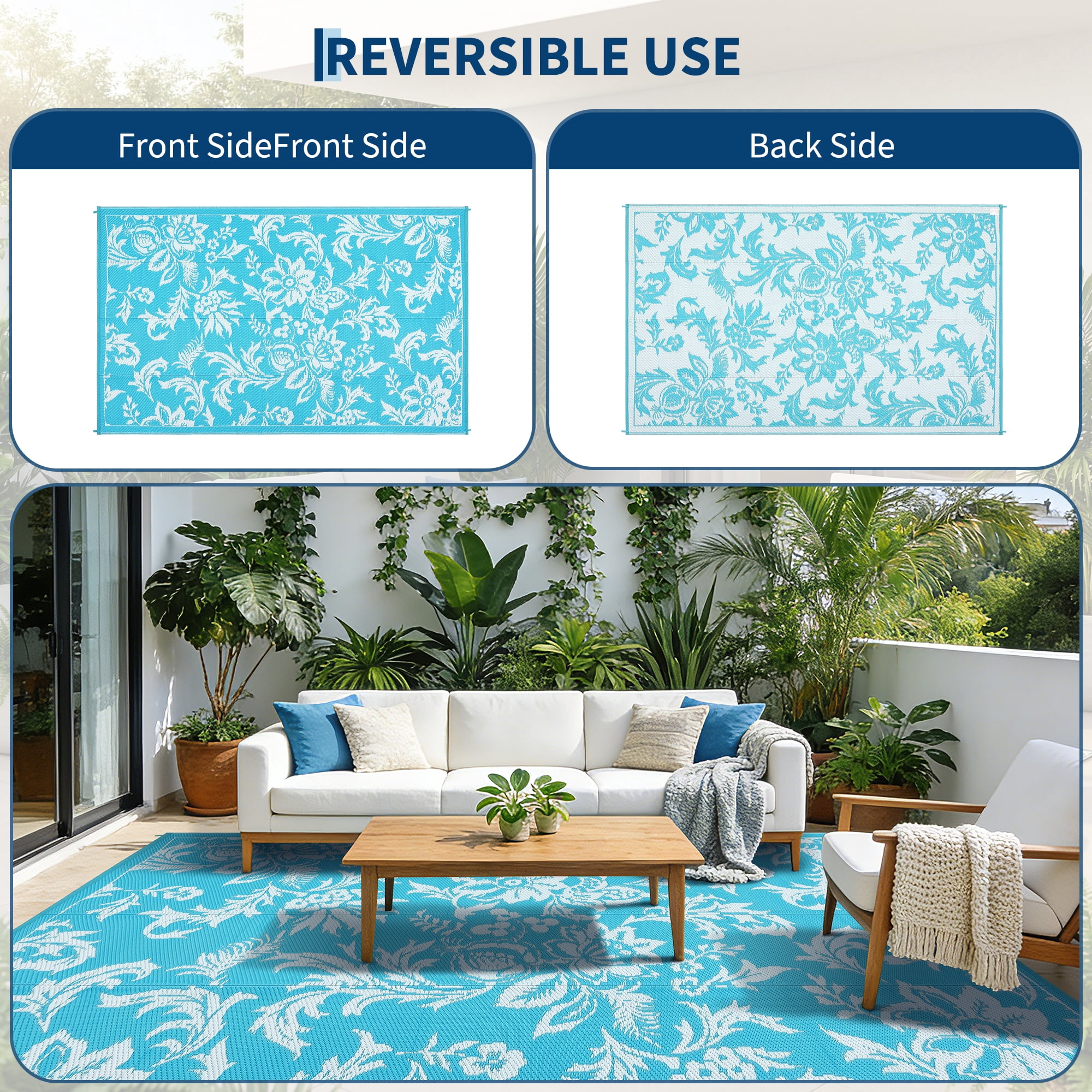 Waterproof Outdoor Rug 8x10 FT Reversible Plastic Straw Patio Mat, Lightweight Foldable Area Rug for RV Camping, Deck, Backyard, Porch, Beach, Picnic, Blue & White