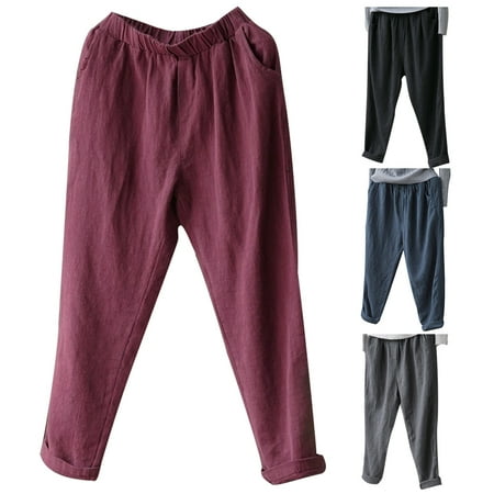 

Taluosi Plus Size Solid Color Women Cotton Linen Harem Pants Casual Baggy Loose Trousers
