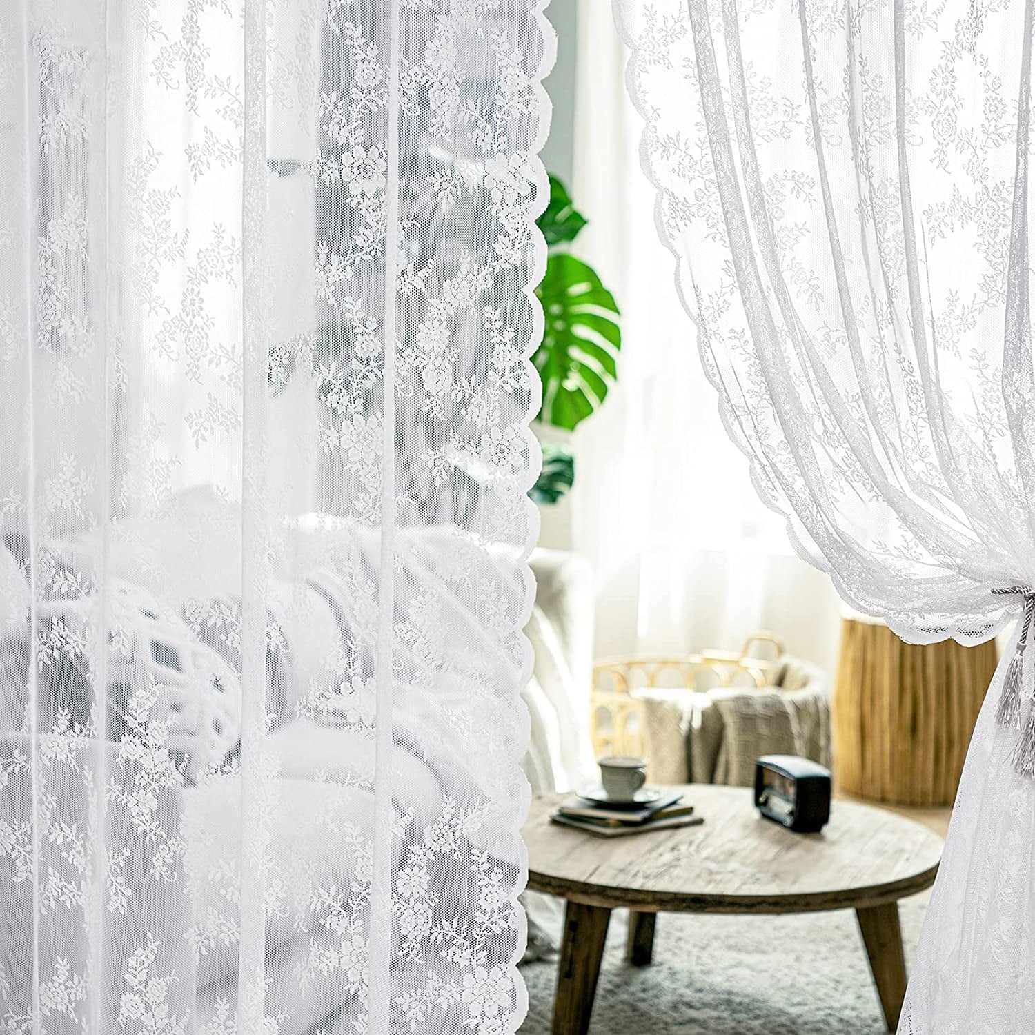 White Lace Curtains 63 inch Length for Living Room Bedroom, Scalloped