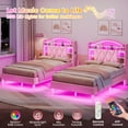 thumbnail image 5 of Twin Size Velvet Upholstered Platform Bed with LED Lights and Charging Station, Princess Bed Frame With LED Lights Headboard,Guardrail,Crystal Button, No Box Spring Needed,Pink, 5 of 7