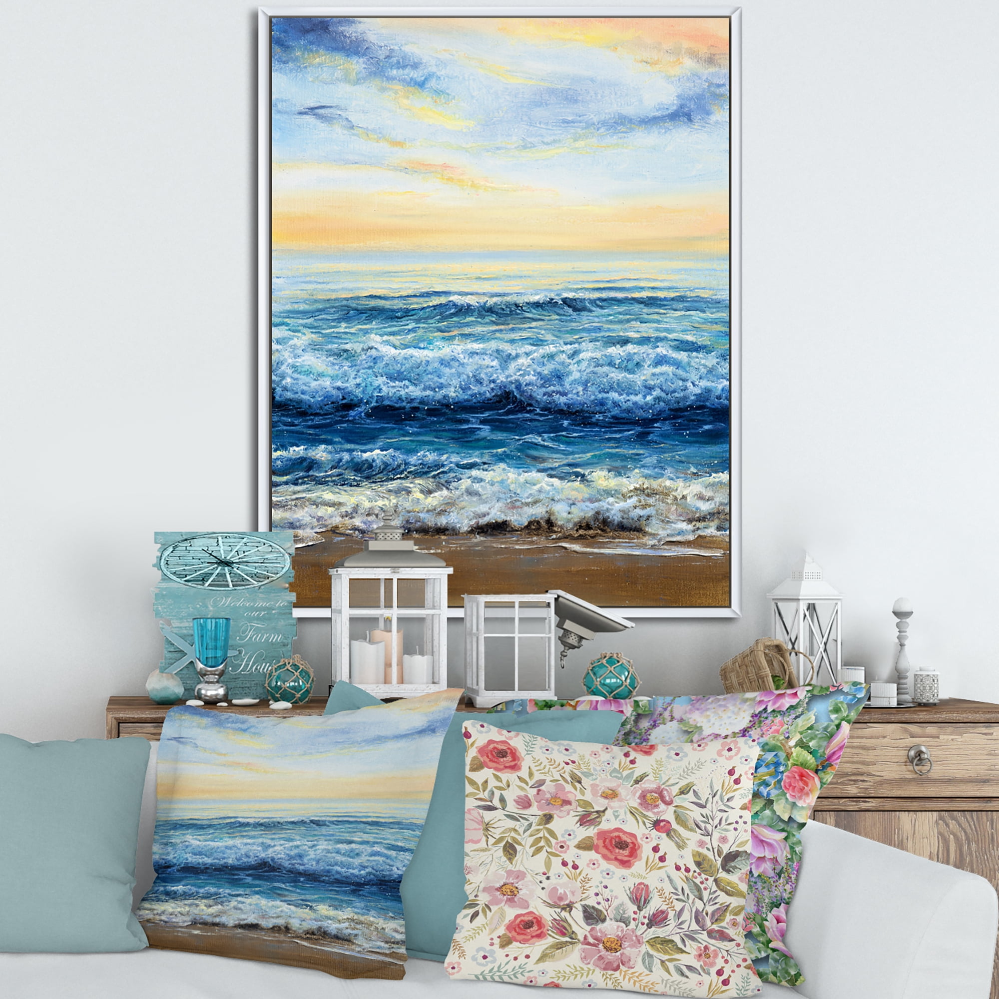 Ocean Waves At Sunrise 30 in x 40 in Framed Painting Canvas Art Print, by Designart