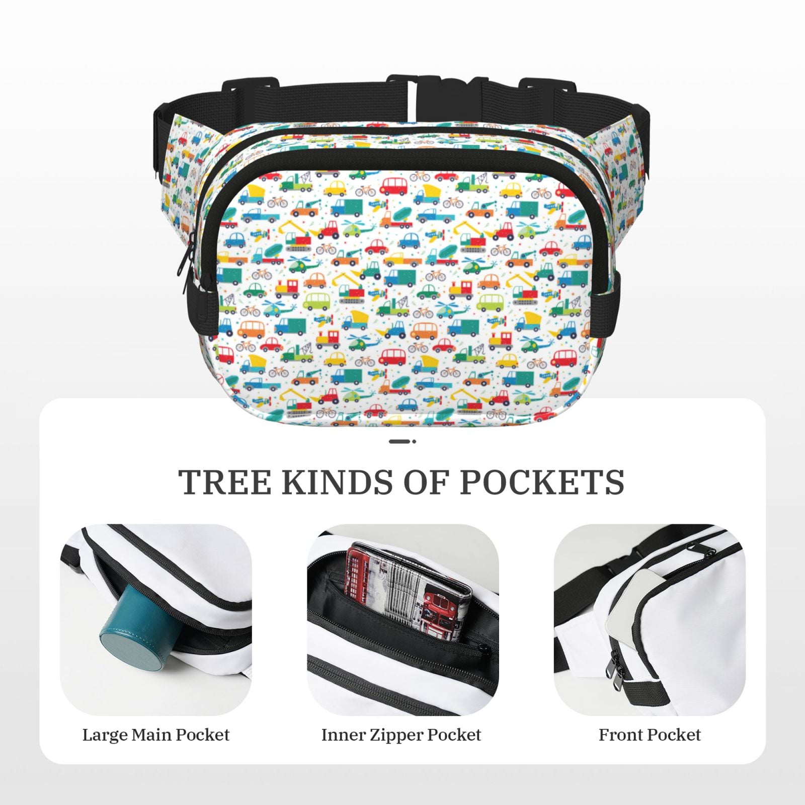 Picia Cute Transport Print Square Double-Layer Waist Bag Mini Adjustable Waist Belt Bag Exercise Running Travel Hiking