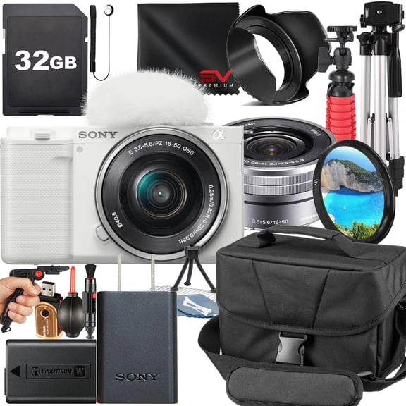 Sony ZV-E10 II Mirrorless Camera (White) with 16-50mm Lens   SanDisk 32GB Memory Card   Pistol Grip Tripod   SV Premium Accessory Bundle