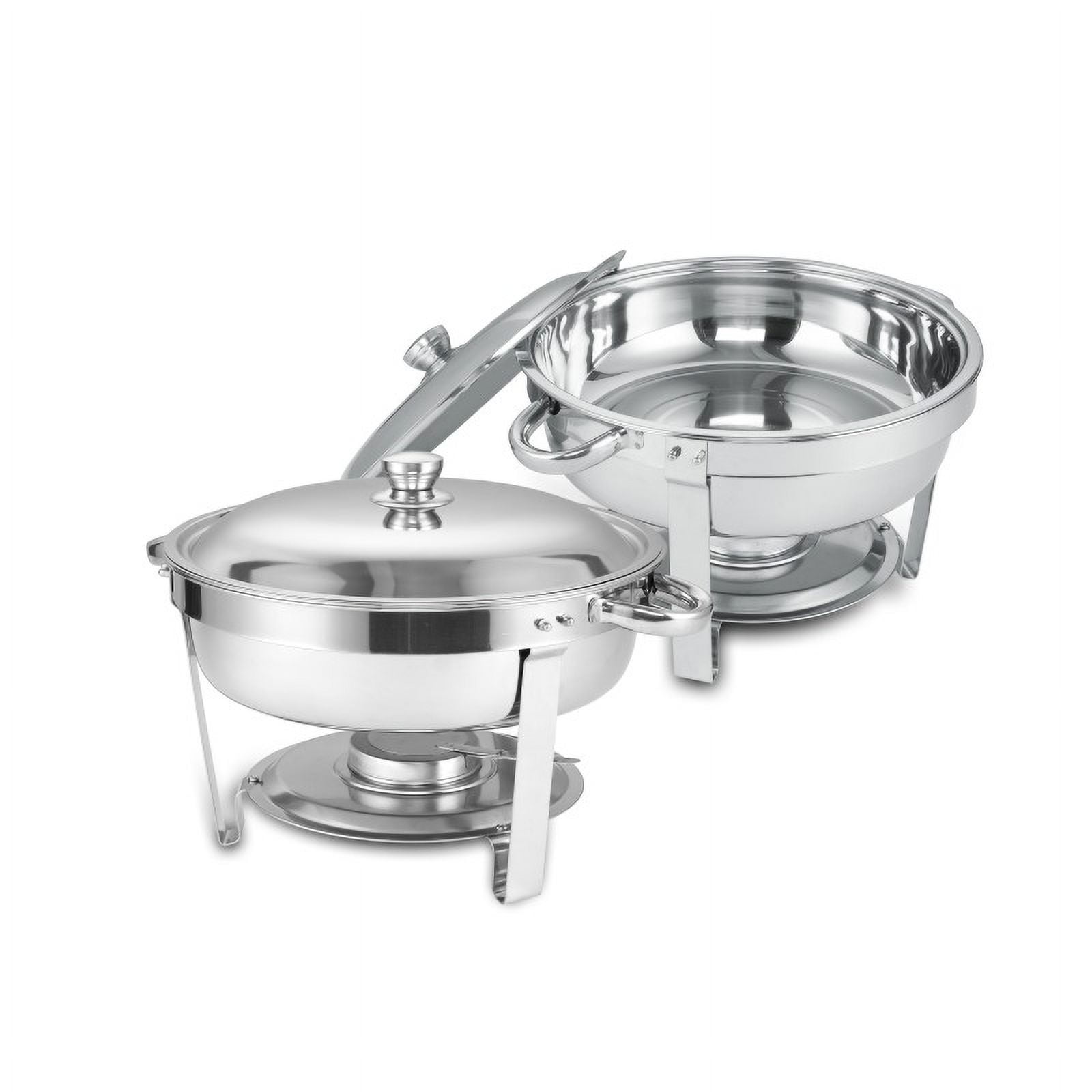 Round Buffet Catering Dish Set of 2 with Stainless Steel Construction, 5-Quart Chafing Dish for Weddings and Gatherings, Silver