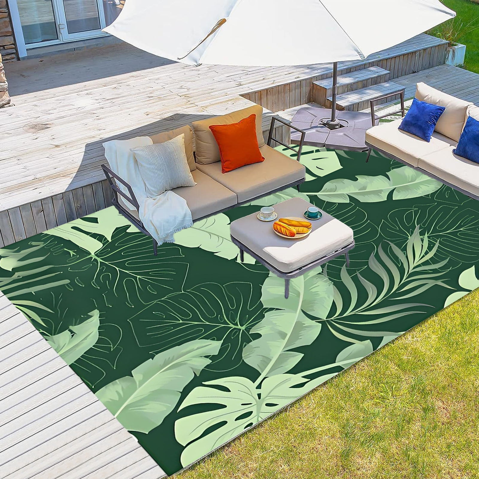 Summercome Outdoor Patio Rug 4x5 Waterproof Porch Deck Rug Stain Proof Non Fade Washable Outside Rug Carpet, Large Indoor Outdoor Area Rug for Living Room Bedroom Home Office, Green Tropical Plants