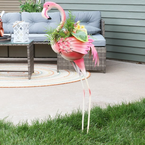 Sunnydaze Pink Flamingo Statue with Flowerpot - Outdoor Metal Yard Art