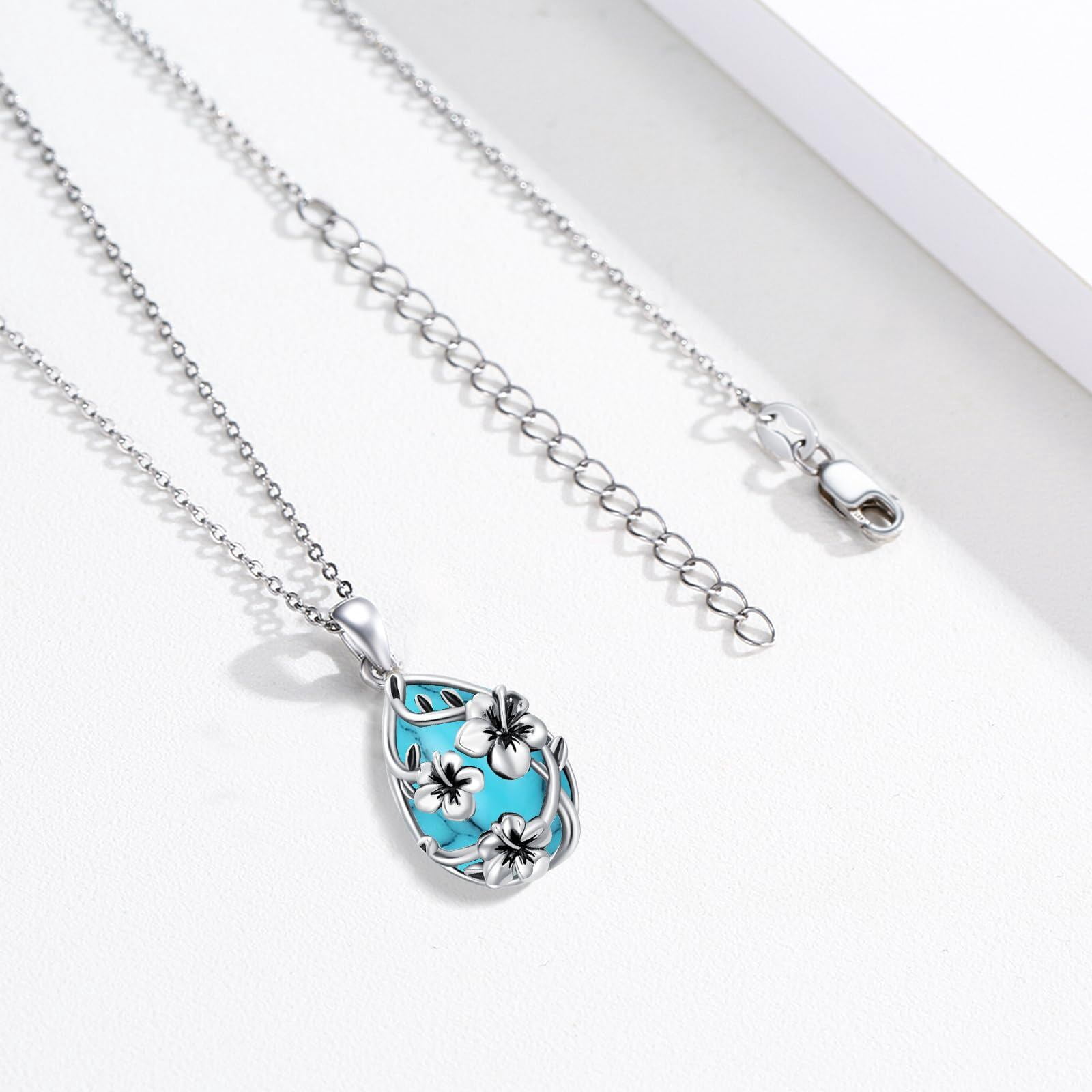 Coachuhhar Hibiscus Necklace 925 Sterling Silver Turquoise Hawaii Flower Pendant Necklace Hawaiian Jewelry Gifts Christmas for Women Mother Wife
