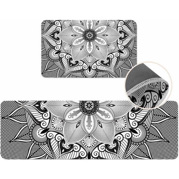 Boho Mandala Floral Kitchen Mat Set of 2, Cushioned Anti-Fatigue Kitchen Rugs, Waterproof Non-Slip Kitchen Mat for Floor, Black White Durable Kitchen Rugs and Mats for Kitchen & Laundry