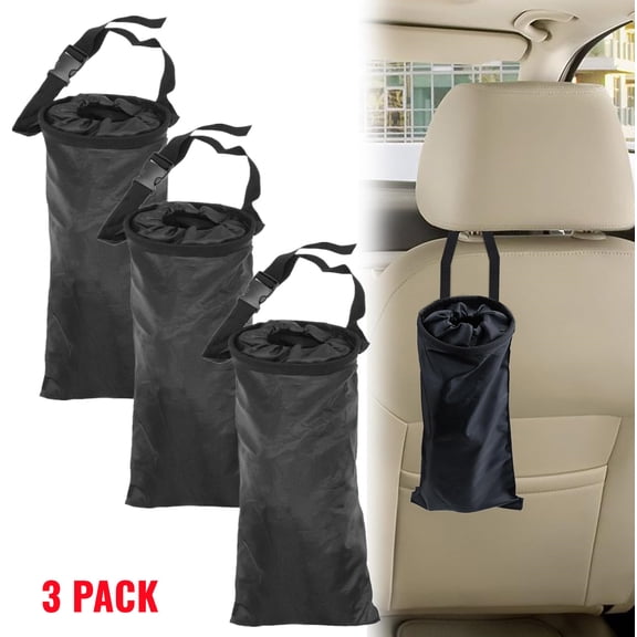 3 Pack Car Trash Bag | Washable Back Seat Hanging Bag with Elastic Opening, Hanging Detachable Garbage Bag