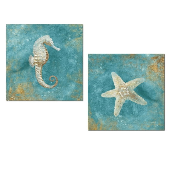 Rustic Teal and Brown-Gold Starfish and Seahorse Adult Coastal Decor; 2 - 12" x 12" Unframed Posters