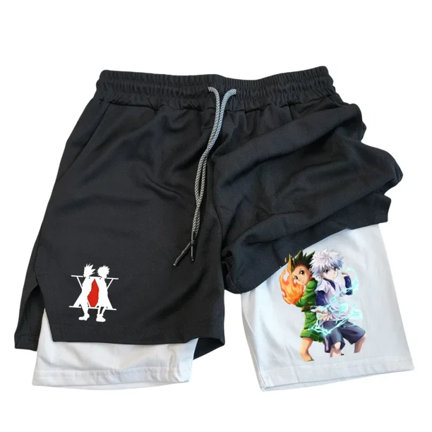 Pantalones cortos para correr 2 en 1 para hombre con bolsillos para teléfono, toalla con lazo, estampado de anime, pantalones cortos de compresión atléticos ligeros para entrenamiento en gimnasio