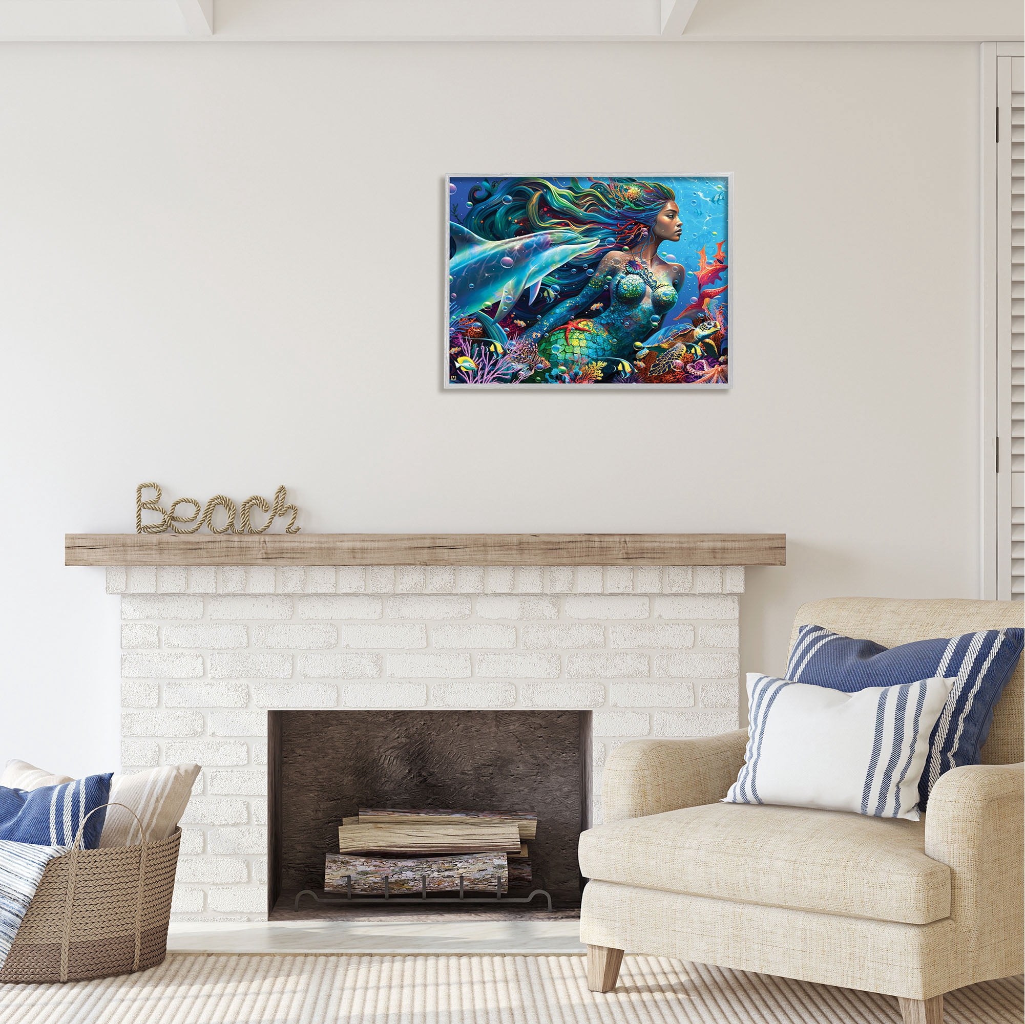 Stupell Industries Mermaid Underwater Sea Life Fairy Tales & Fantasy Painting Gray Framed Art Print Wall Art, 30 x 24