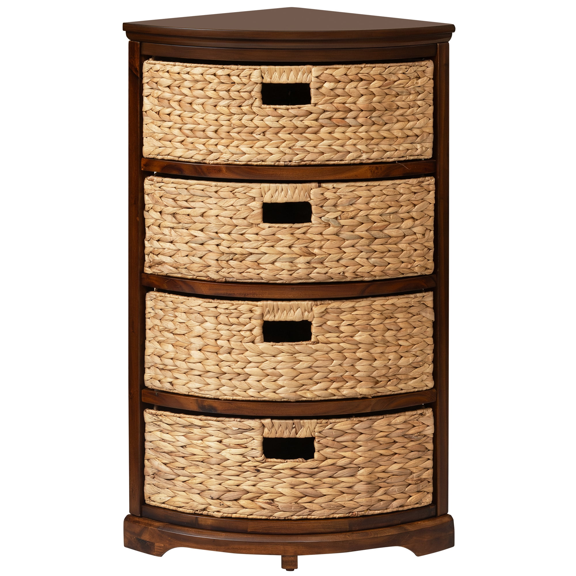 eHemco Hampton Meadows 4 Tier X-Side Corner Storage Cabinet with 4 Wicker Baskets, Walnut