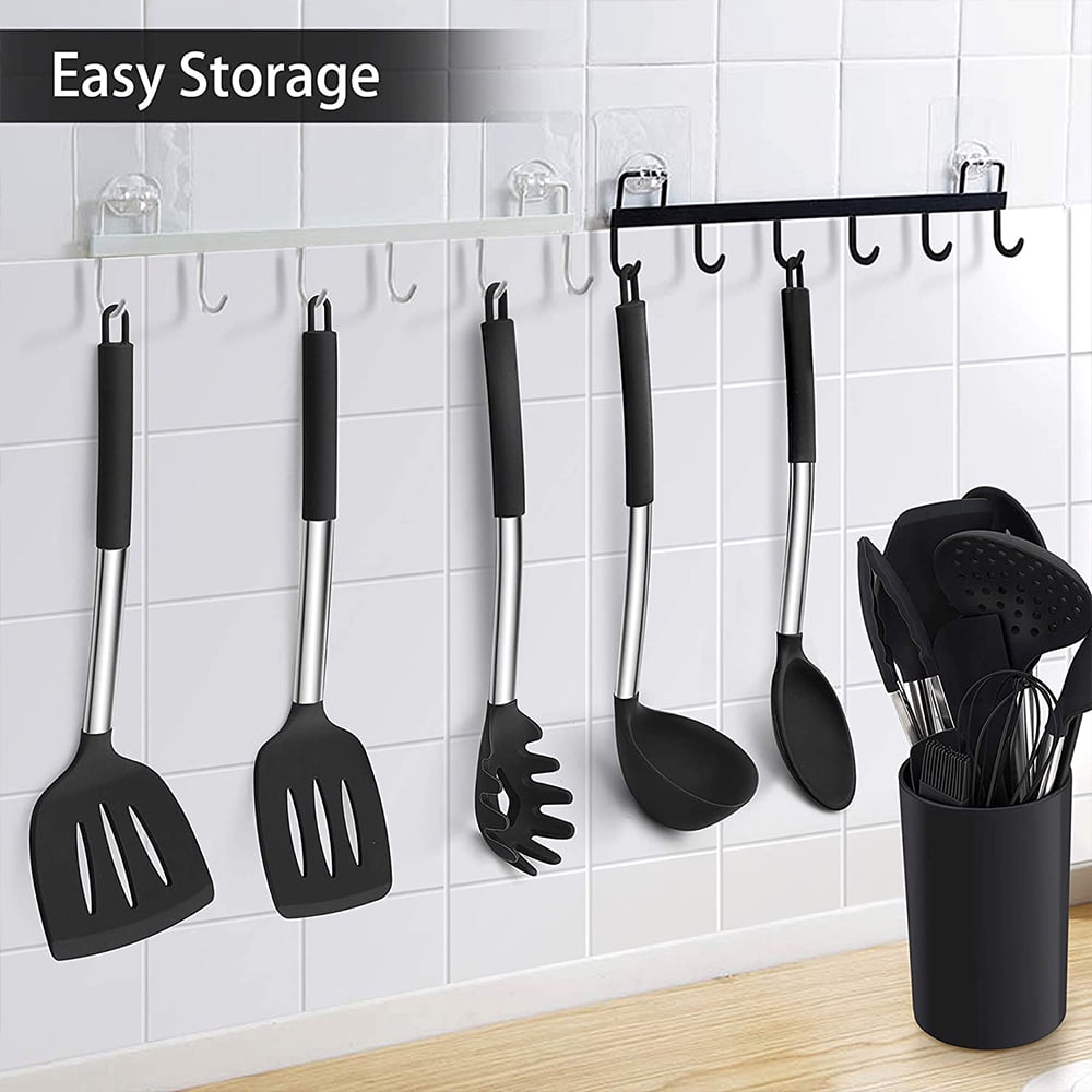 Silicone Kitchen Utensils Set, VeSteel 30-Piece Cooking Utensils Set with  Holder, Heat Resistant Kitchen Spatulas Turner Tong Spoon Whisk Ladle for  Nonstick Cookware, Stainless Steel Handle (Black) 
