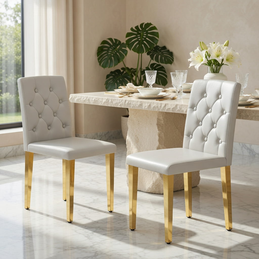 Hommoo 2-Pack PU Dining Chairs with Ergonomic Buckle Backrest & Metal Legs, 35" Height, Modern Luxury Design for Restaurants, Banquet Halls & Home Dining, Light Gray & Gold