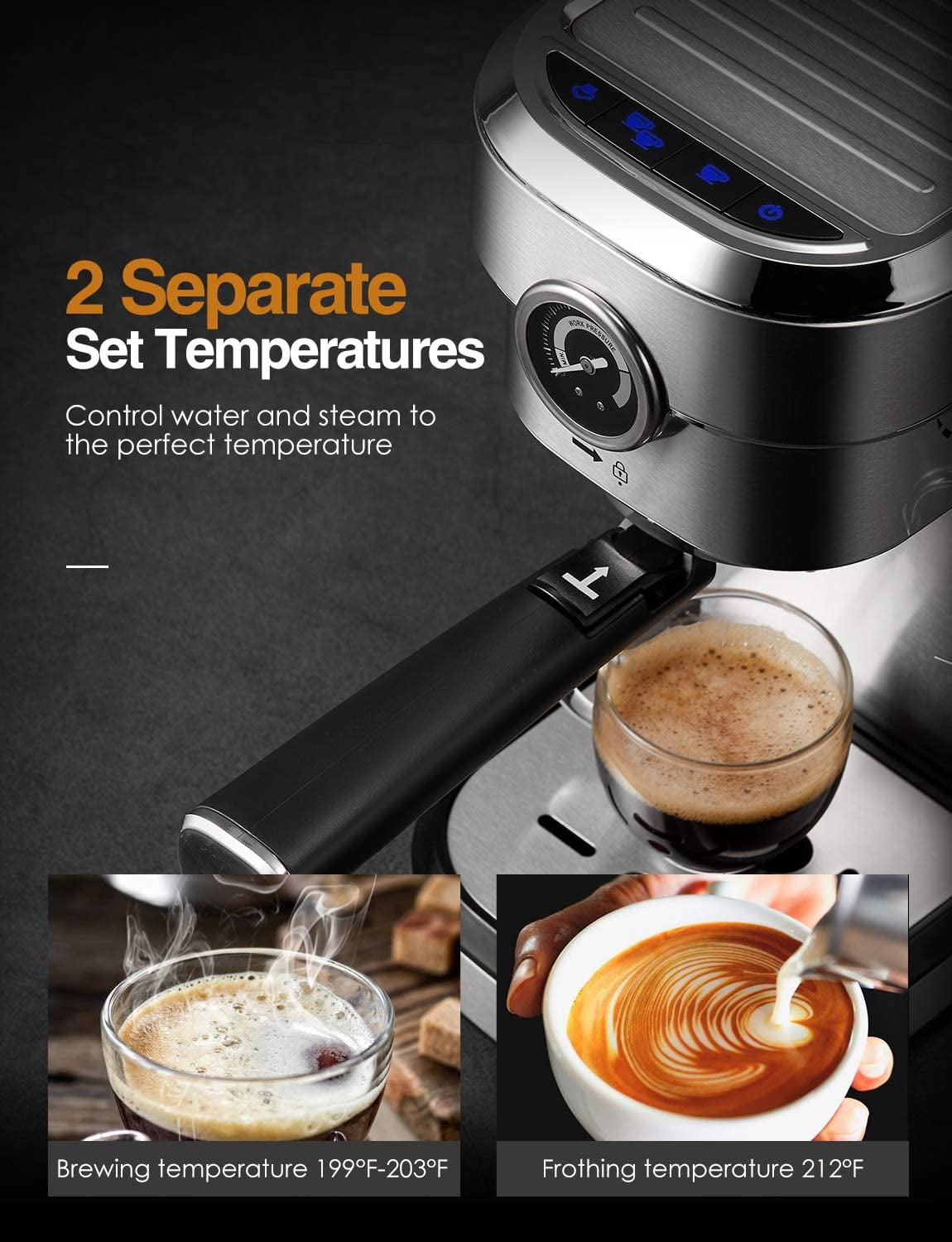 Brewsly Espresso Machine, 15 Bar Stainless Steel Espresso and Cappuccino Machine with Milk Frother, Sliver
