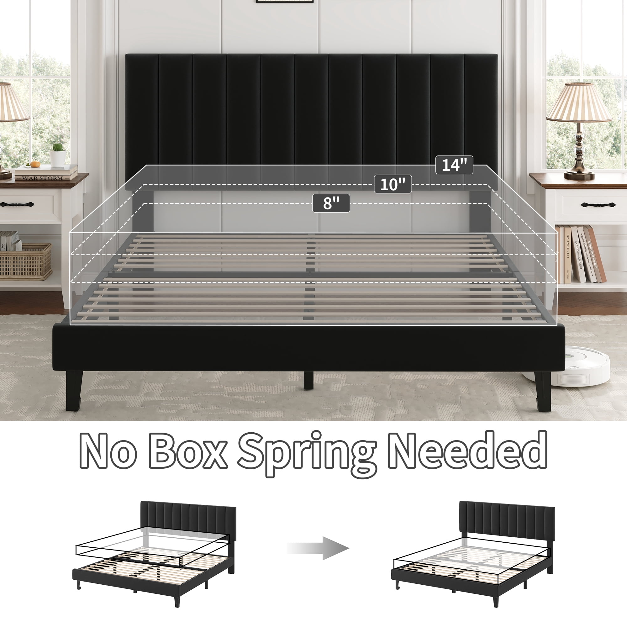 CazToi Queen Size Upholstered Bed Frame with Vertical Channel Tufted Headboard Sturdy Wooden Slats Noise Free